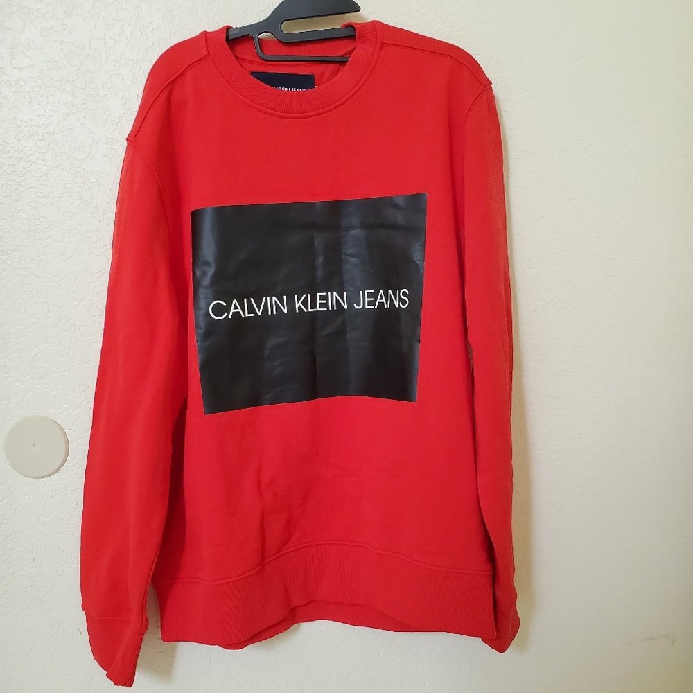 Red Calvin Klein Jeans Pullover Crewneck Sweater with Contrasting Logo Men's L